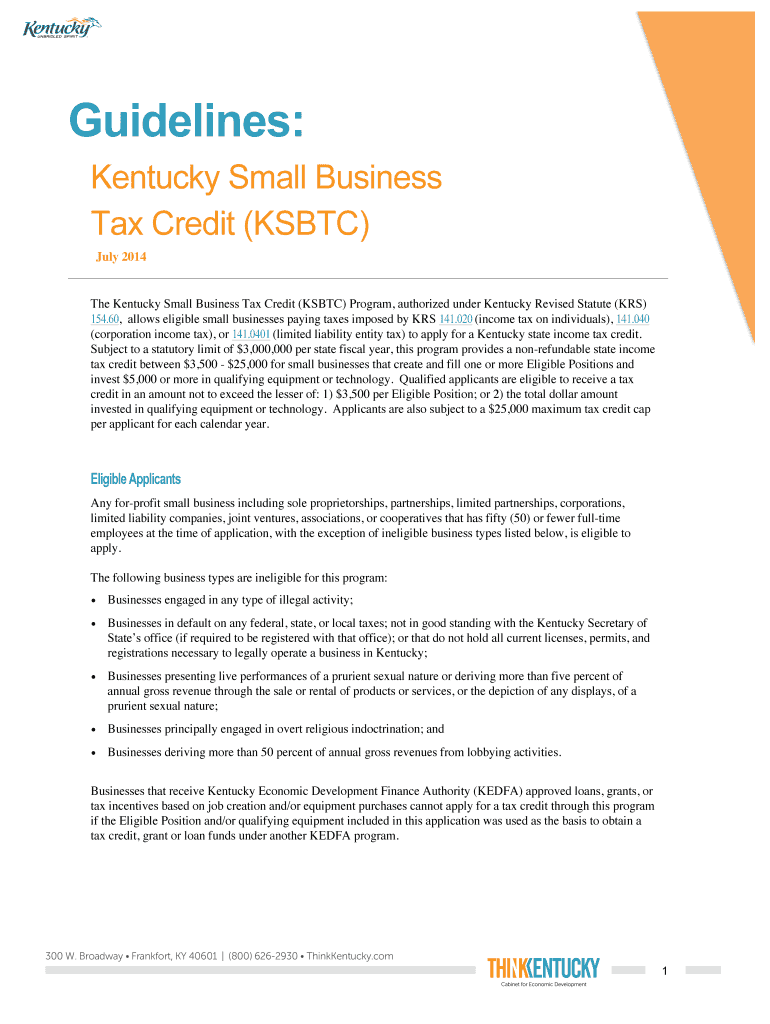 Kentucky Small Business Tax Credit (KSBTC) Preview on Page 1