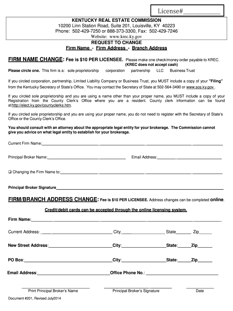 Fillable Online krec ky Firm Name or Firm Address Change Kentucky