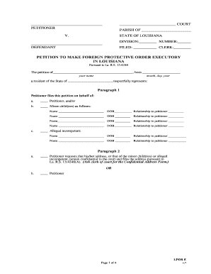 Petition to Make Foreign Protective Order Executory in Louisiana