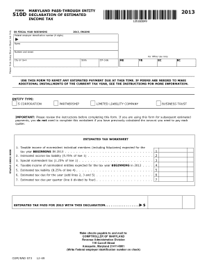 Maryland Pass-Through Entity Estimated Income Tax Form 510D 2013