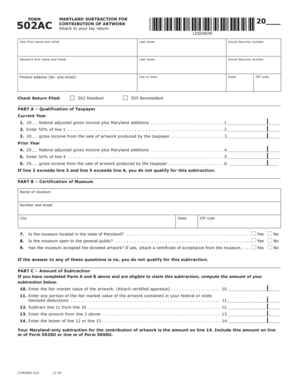 Maryland Subtraction for Artwork Contribution Form 502AC
