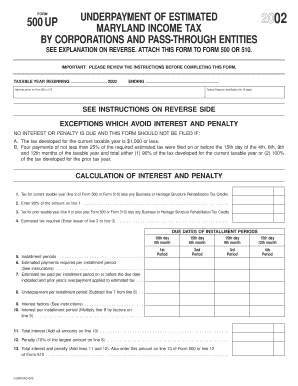 Maryland Form 500UP Underpayment of Estimated Income Tax