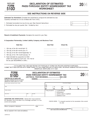 Maryland Form 510D Pass-Through Entity Nonresident Tax 2004