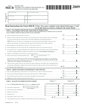 Maryland 502CR Income Tax Credits Form