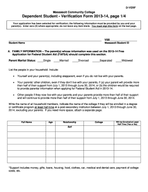 Massasoit Community College Dependent Student Verification Form