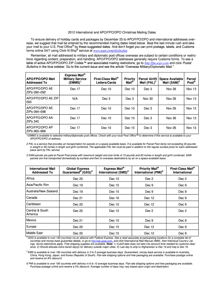 2012 International and APO FPO DPO Christmas Mailing Dates To Preview on Page 1