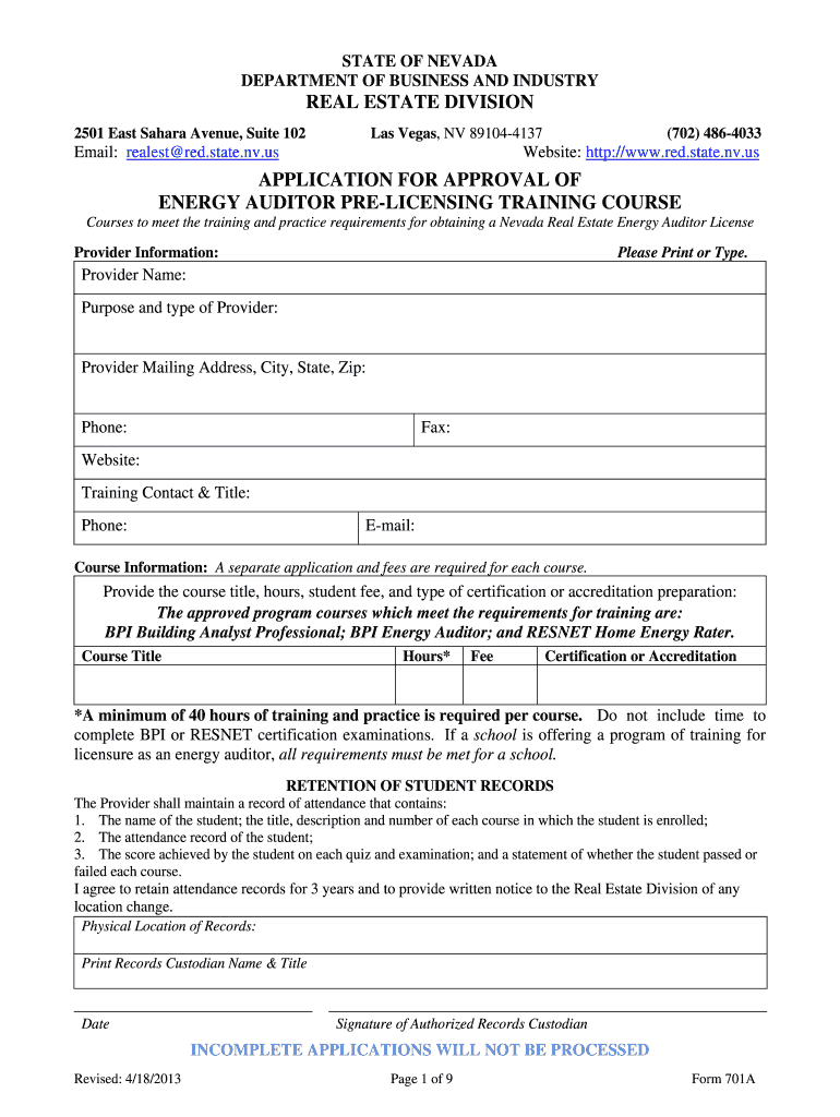 Fillable Online red state nv REAL ESTATE DIVISION APPLICATION FOR