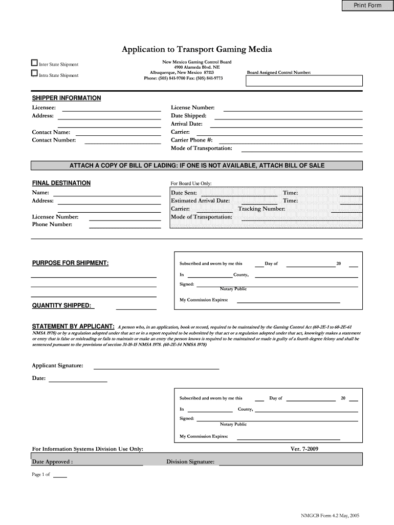 Fillable Online nmgcb Transport Gaming Media Form New Mexico Gaming Control Board Fax Email