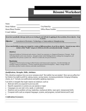 Resume Worksheet Template