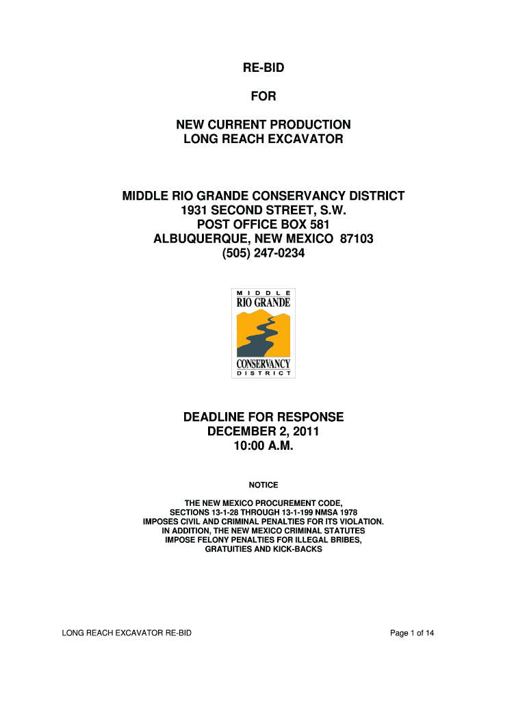 LONG REACH EXCAVATOR RE-BID Preview on Page 1