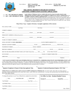 Oklahoma Resident Disabled Veteran Lifetime Combination License Application