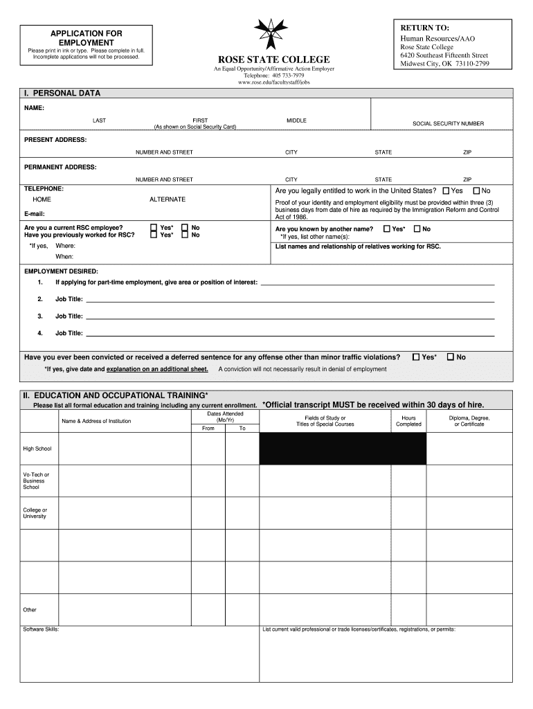 APPLICATION FOR EMPLOYMENT Preview on Page 1