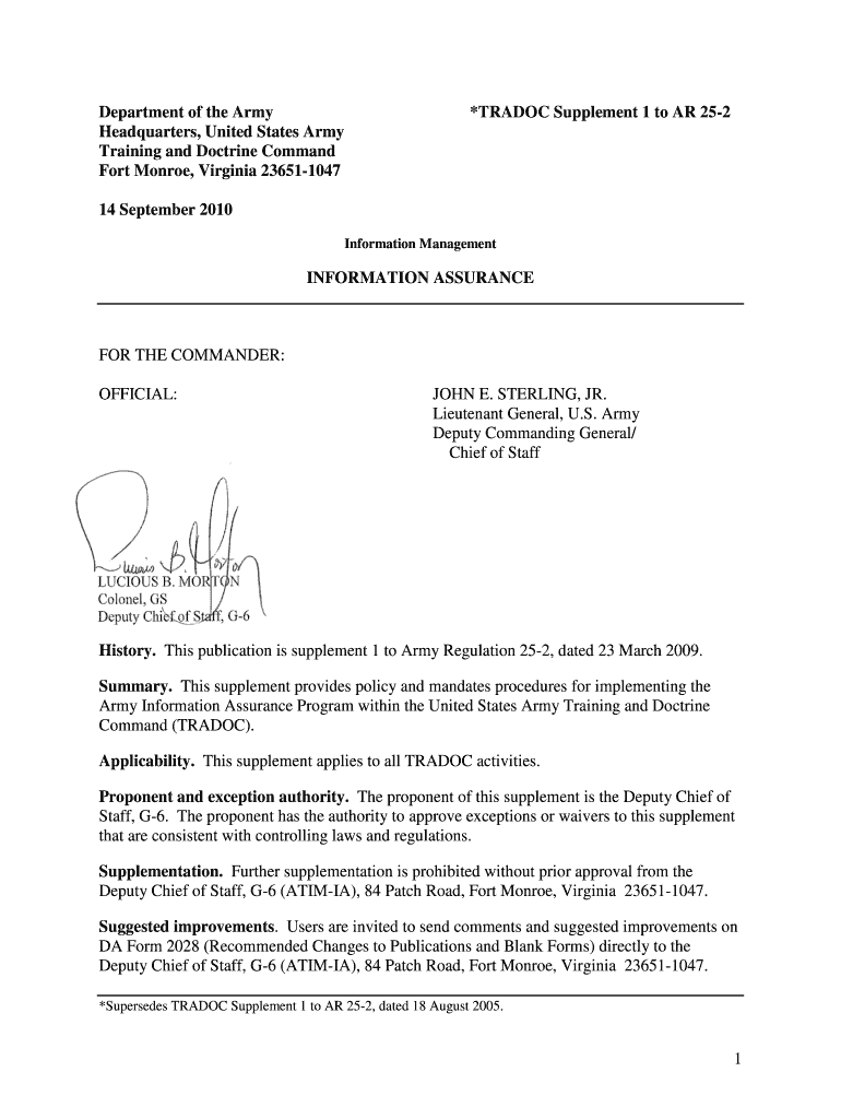 *TRADOC Supplement 1 to AR 25-2 Preview on Page 1