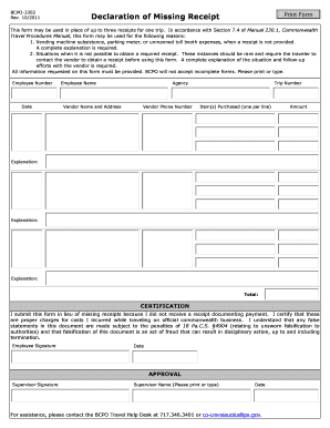 Declaration of Missing Receipt