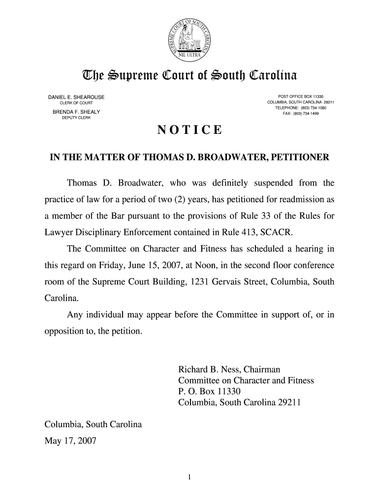 Notice - In the matter of Thomas D Broadwaterunpublished doc Preview on Page 1