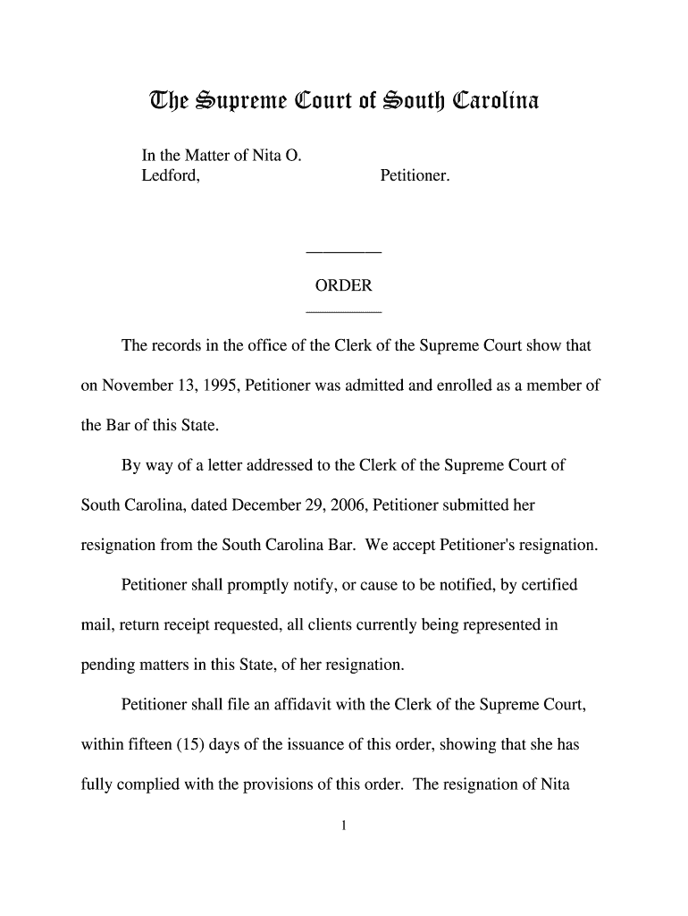 Order-In the matter of Nita O Ledford outside doc - judicial state sc Preview on Page 1