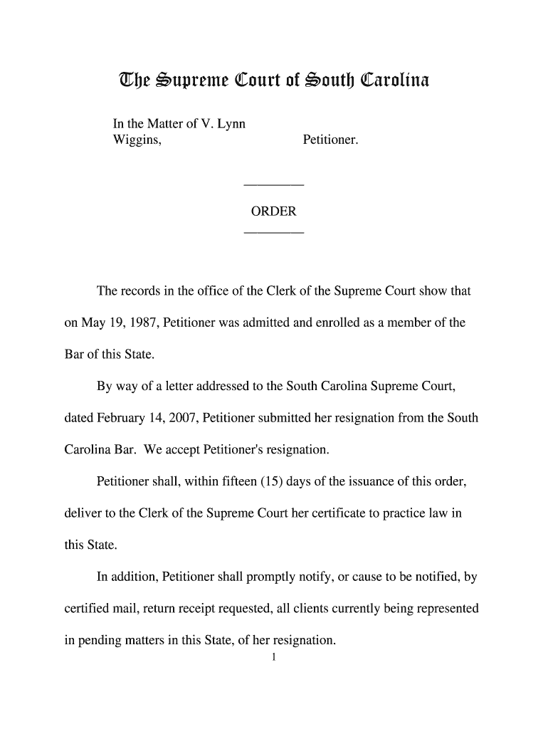 Order - In the matter of V Lynn Wigginsunpublished doc - judicial state sc Preview on Page 1
