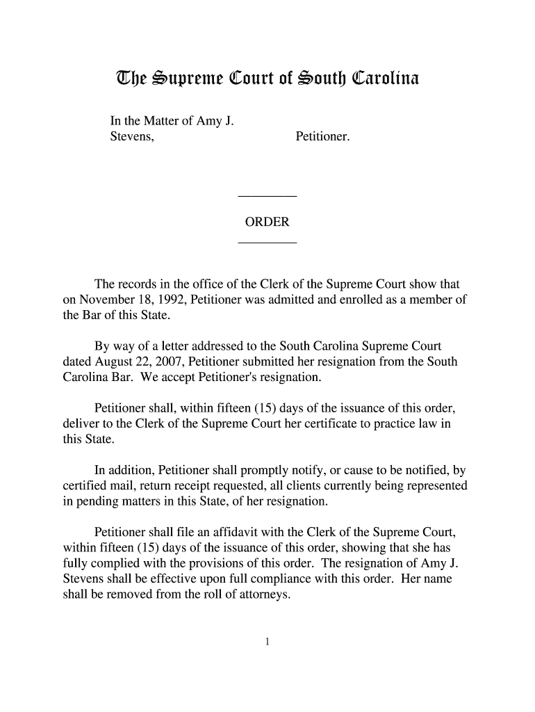 Order - In the matter of Amy J Stevensunpublished doc - judicial state sc Preview on Page 1