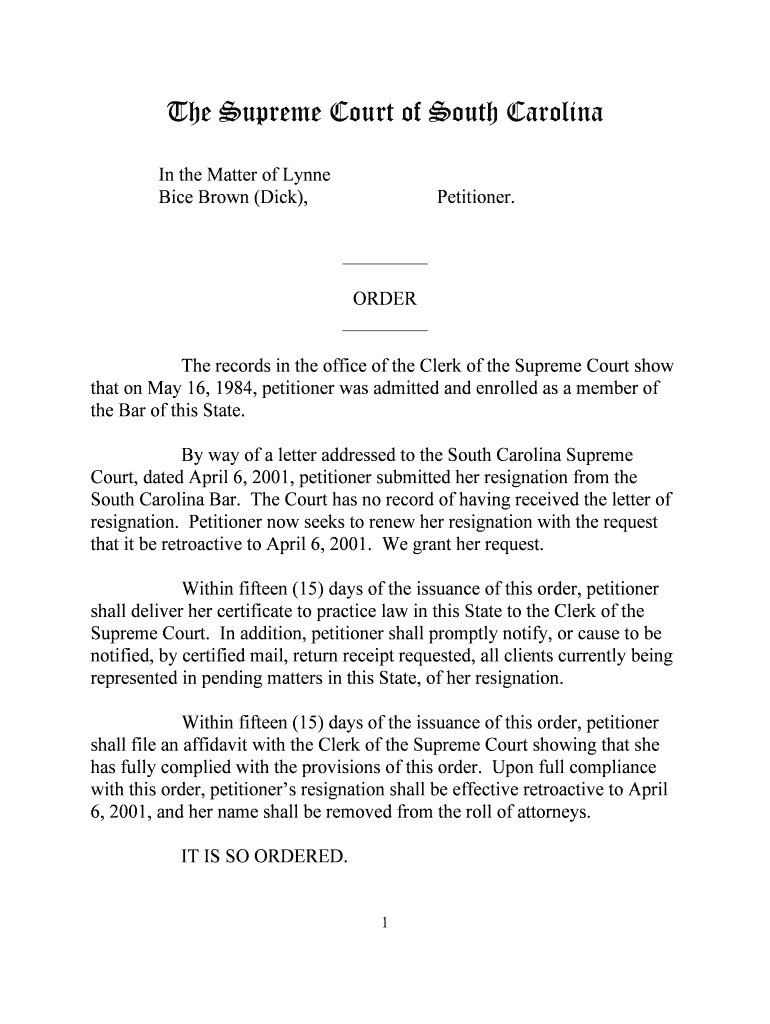 Order-IntheMatterofLynneBice-BrownDickcover doc - judicial state sc Preview on Page 1
