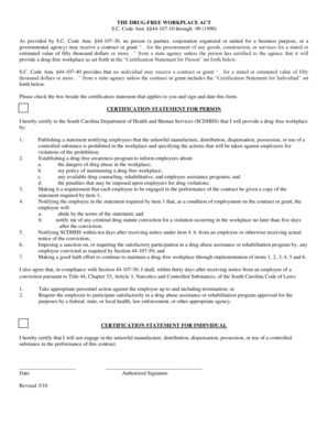 South Carolina Drug-Free Workplace Certification