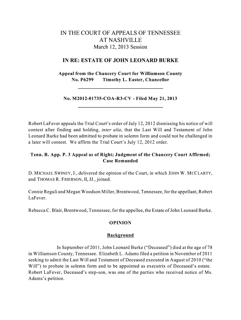 IN RE: ESTATE OF JOHN LEONARD BURKE Preview on Page 1