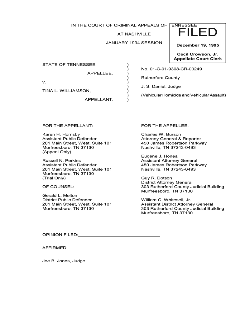 December 19 1995 Cecil Crowson Jr Appellate Court Clerk IN: Fill out