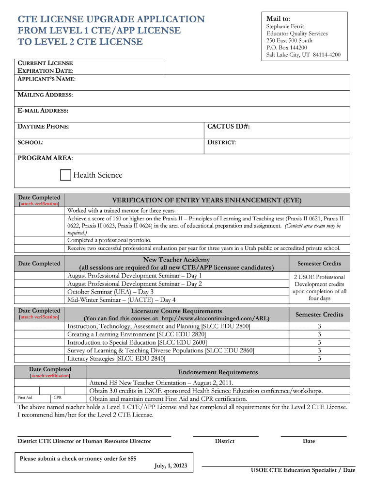 CTE LICENSE UPGRADE APPLICATION Preview on Page 1
