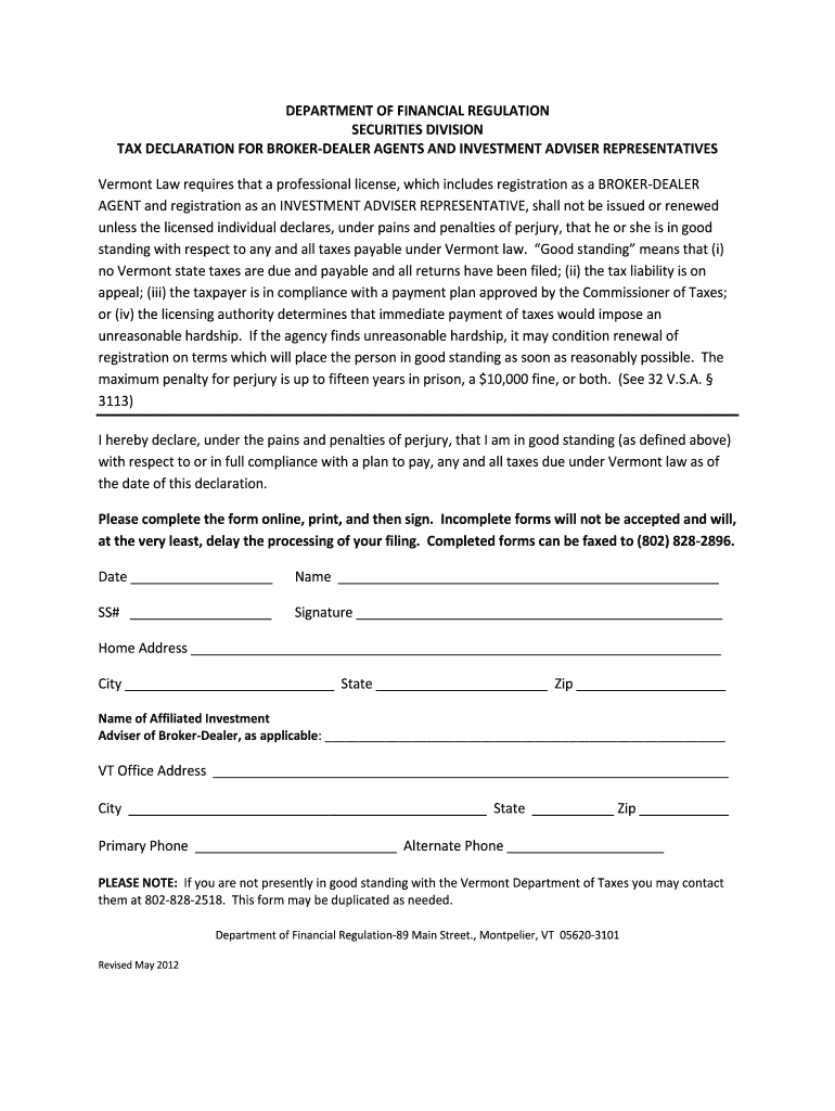 TAX DECLARATION FOR BROKER-DEALER AGENTS AND INVESTMENT ADVISER REPRESENTATIVES Preview on Page 1