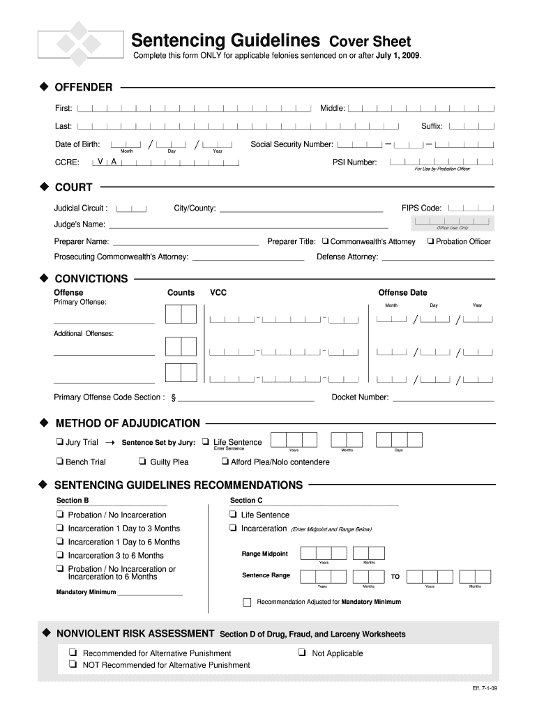 Sentencing Guidelines Cover Sheet Preview on Page 1