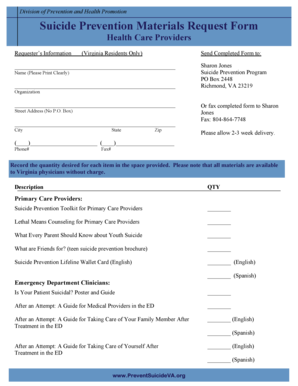 Suicide Prevention Materials Request Form