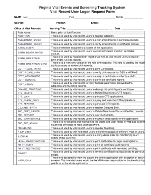 Virginia Vital Events and Screening Tracking System Vital Record User Logon Request Form