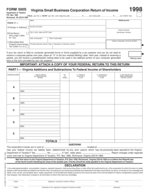 Virginia Small Business Corporation Return of Income 1998
