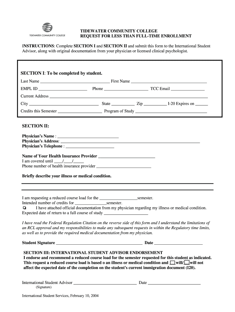 F1 REQUEST FOR REDUCTION IN COURSE LOAD (RCL) DUE TO ILLNESS OR MEDICAL CONDITION Preview on Page 1