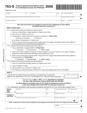 Virginia Special Nonresident Claim Form 763-S