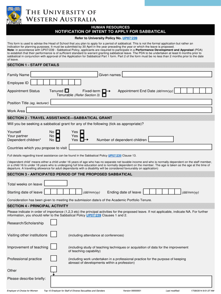 Fillable Online hr uwa edu Sabbatical intent application Human
