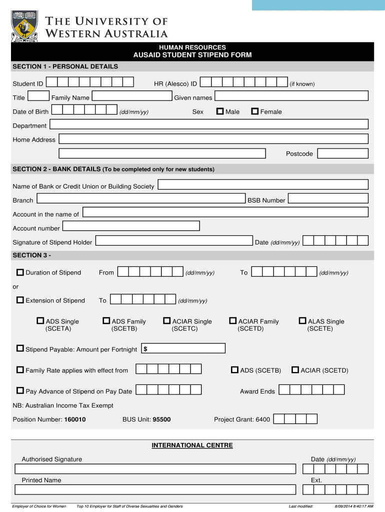Fillable Online hr uwa edu AUSAID STUDENT STIPEND FORM Human