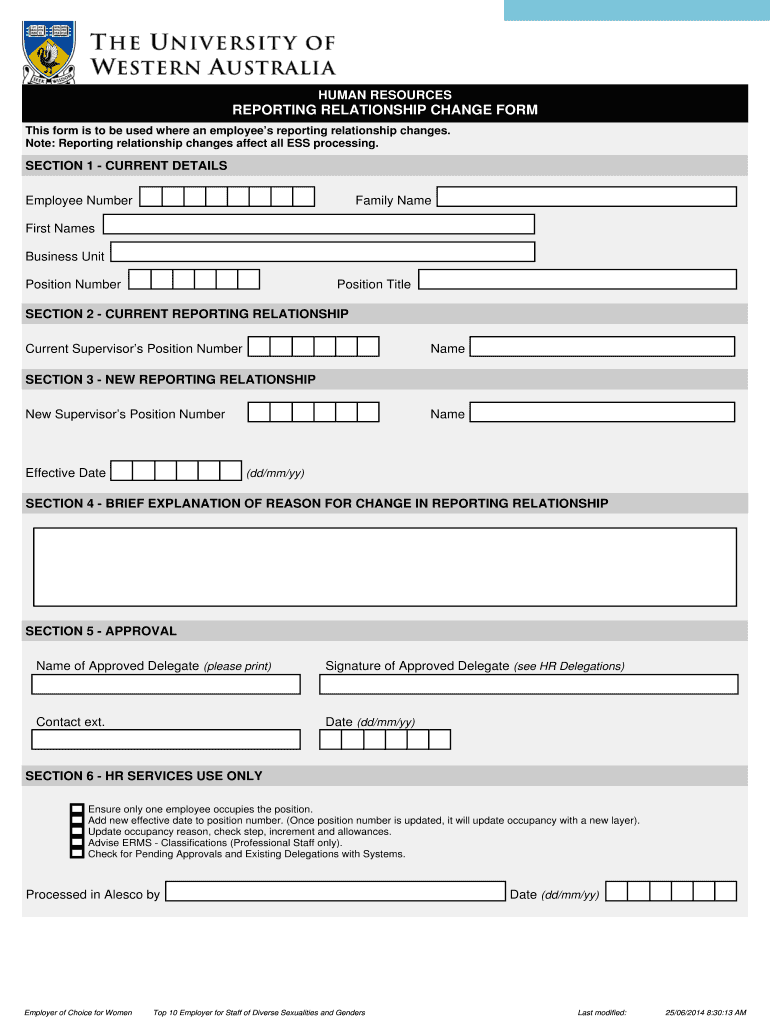 Fillable Online hr uwa edu Change to Reporting Relationship Human