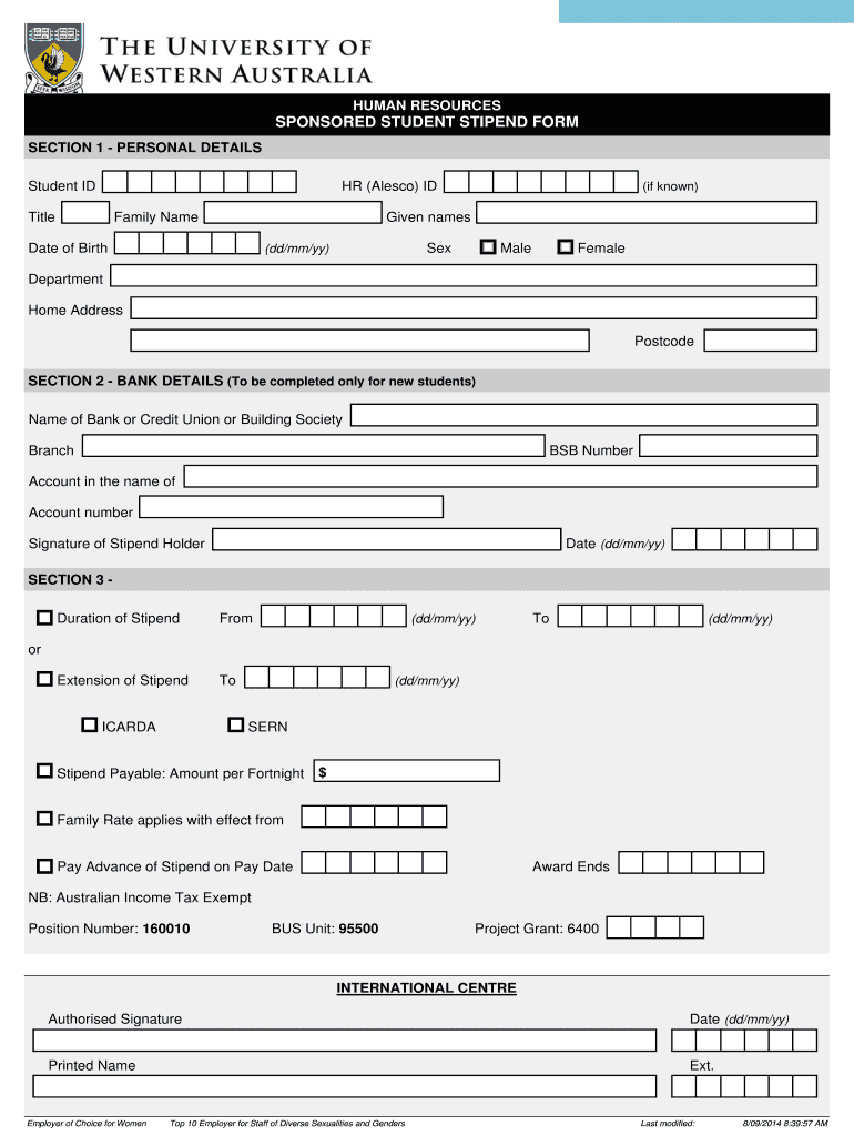 Fillable Online hr uwa edu SPONSORED STUDENT STIPEND FORM Human