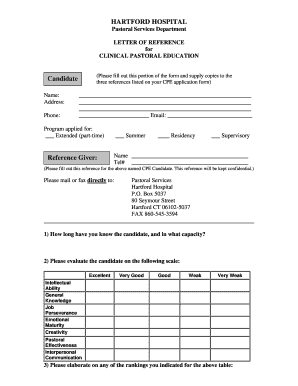 Letter of Reference for Clinical Pastoral Education. HARTFORD HOSPITAL PASTORAL SERVICES DEPARTMENT - harthosp