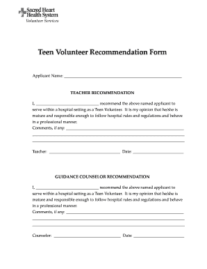 Teen Volunteer Recommendation Form