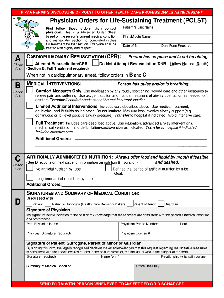 HI Provider Orders For Life Sustaining Treatment POLST 2009 Fill