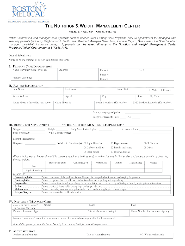 Fillable Online bmc Refer to THE NUTRITION & WEIGHT MANAGEMENT CENTER