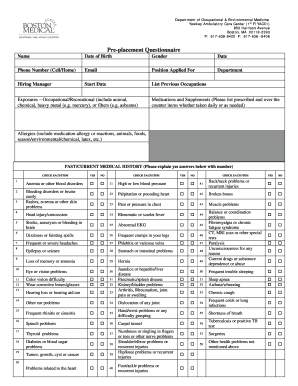 OEM Pre-Placement Questionnaire Form - Boston Medical Center - bmc