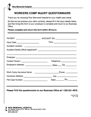 Workers comp injury questionnaire - Rice Memorial Hospital