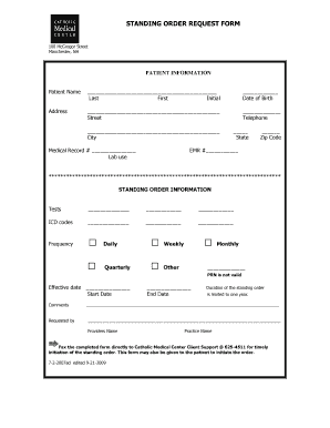 STANDING ORDER REQUEST FORM - Catholic Medical Center - catholicmedicalcenter