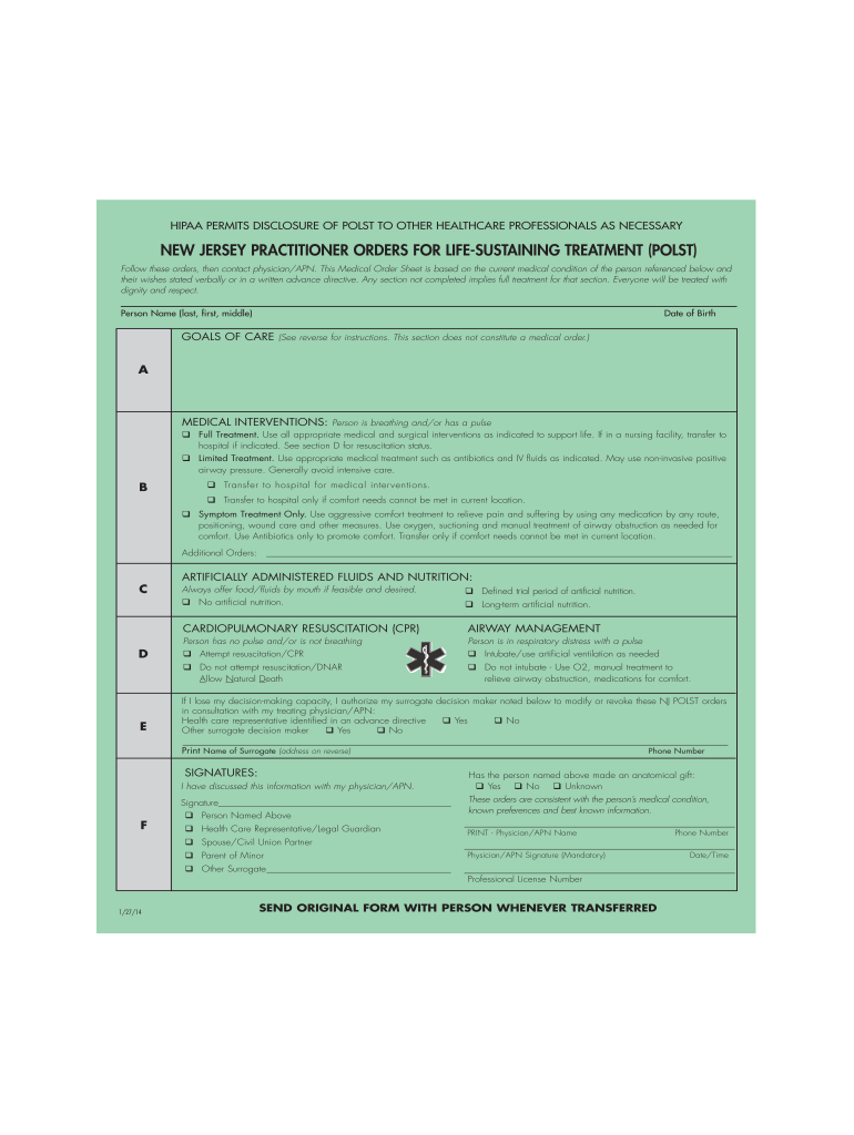2012 Form NJ POLST Fill Online Printable Fillable Blank PdfFiller