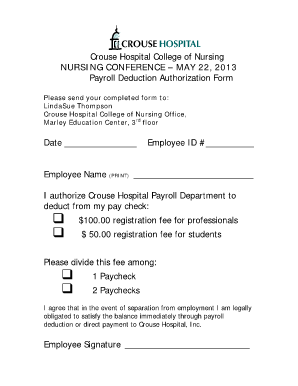 Authority to deduct template - Payroll Deduction Form for Conference - Crouse Hospital - crouse