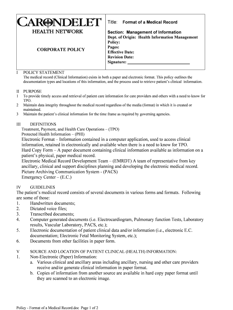 Format of a Medical Record Preview on Page 1