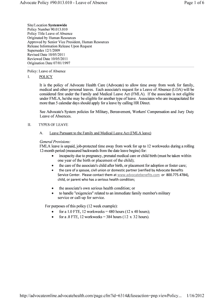 Advocate Policy #90 013 010 - Leave of Absence Preview on Page 1