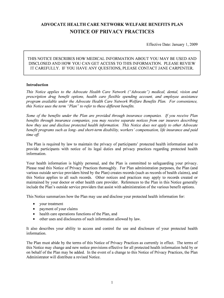 ADVOCATE HEALTH CARE NETWORK WELFARE BENEFITS PLAN Preview on Page 1